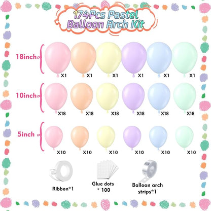 Pastel Rainbow Balloons Arch Kit 174pcs, Macaron Assorted Colorful Spring - Image 2