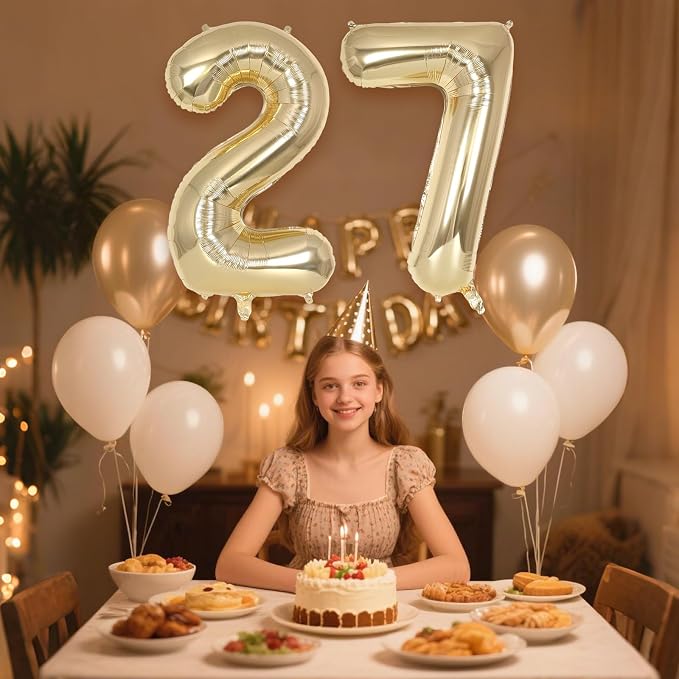 Champagne Gold Large Number 27 Balloon, 40 Inch Light Gold Foil Helium Number - Image 4