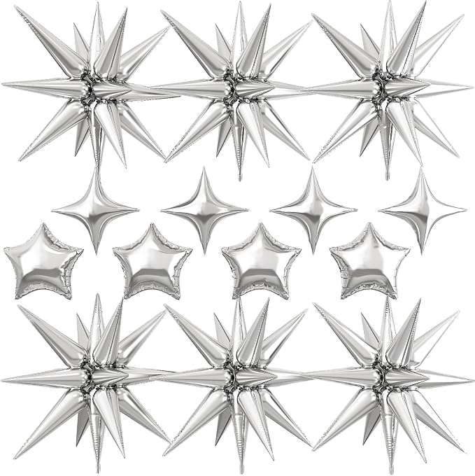 14pcs Silver Star Balloons, Mixed Star Foil Balloon, 22Inch Explosion Stars by vibzox
