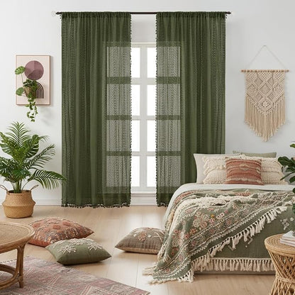 WAZZIO Boho Lace Curtains 84 Inches 2 Panel, Light Filtering Privacy Tassel & - Image 2