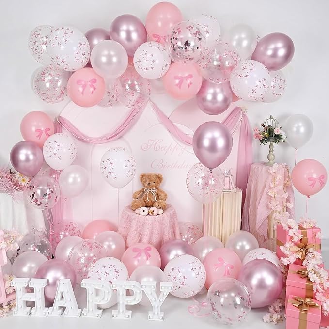 Pink Bow Balloons, Bow Printed Balloon Metallic Confetti Balloon - Image 5