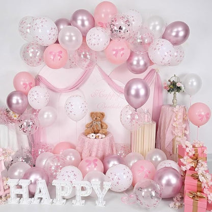 Pink Bow Balloons, Bow Printed Balloon Metallic Confetti Balloon - Image 5