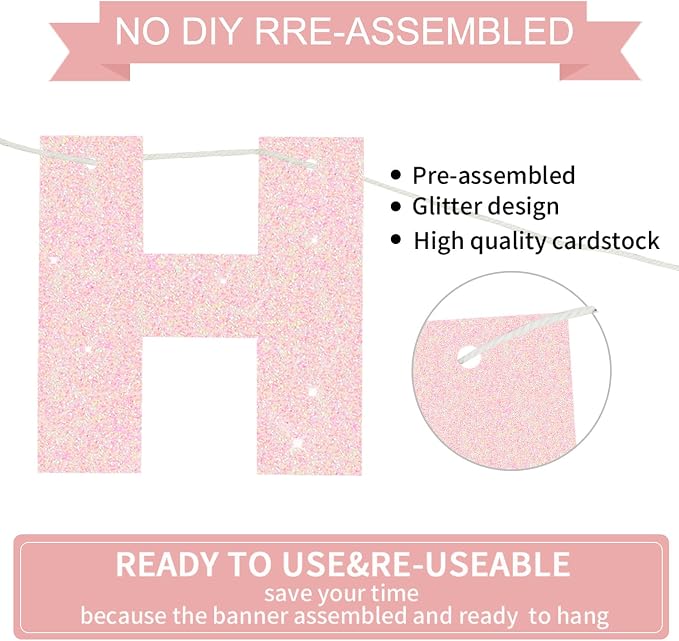 BEISHIDA Pre-Strung Light Pink Happy Birthday Banner Party Sign Decoration | - Image 3