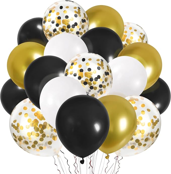 CANREVEL 50pcs 12 Inches Black Gold Confetti Balloons Kit, Metallic Gold and by CANREVEL