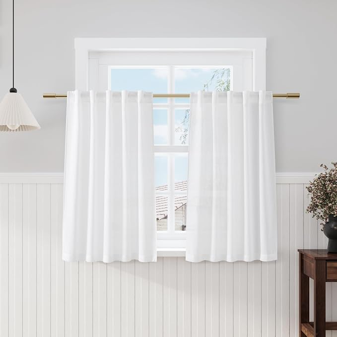 45 Inch Linen White Curtains for Kitchen Short Window Semi Sheer Light by Nanspring