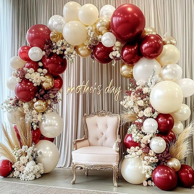 Burgundy Gold Balloons Garland Double Stuffed Pearl White Gold Maroon Wine Red - Image 2