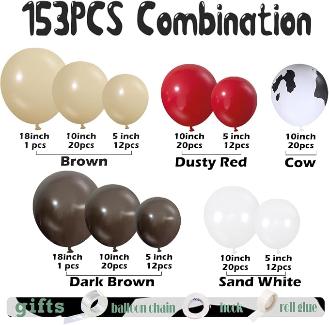 153 Pcs Red Brown Cow Balloon Arch Garland Kit – Red, Sand White, and Cow Print - Image 2