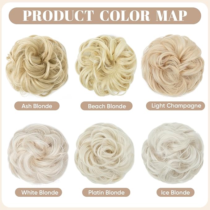 SARLA 2PCS Messy Hair Bun Hair Pieces Wavy Curly Synthetic Updo Fake Scrunchies Ponytail Extension for Women Ash Blonde