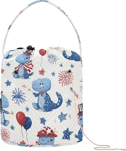 Blue Dinosaurs Stars Balloons Fireworks Yarn Bag Small Crochet Bag Drawstring by Tatenale