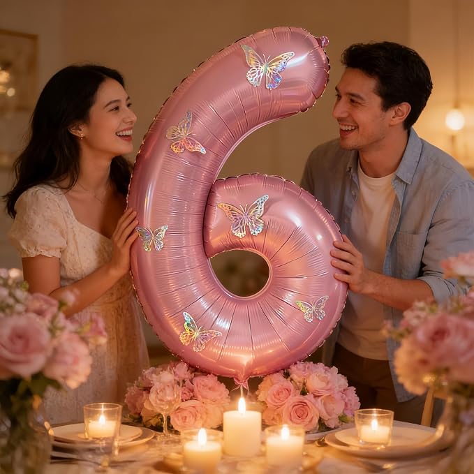 40 Inch Number Balloon Pink Large Mylar Foil Pink Number Balloons and Butterfly - Image 5