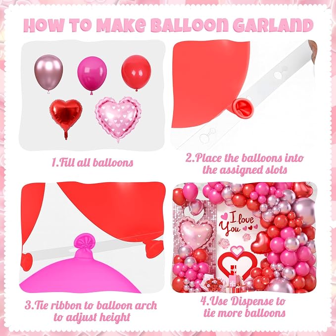 Valentines Day Balloons Arch Kit, Hot Pink Red Metallic Pink Blloons - Image 3