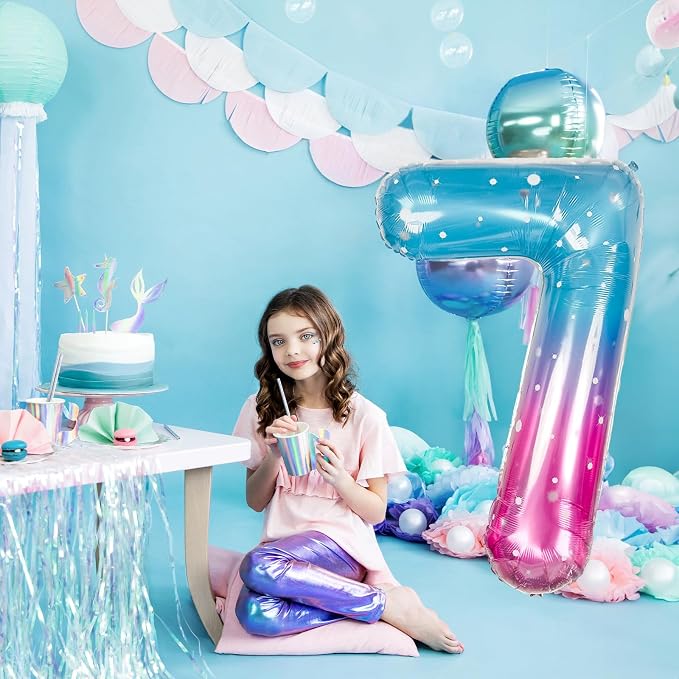 40 Inch Balloon Number 7 Mermaid, Large Mylar Foil Blue Pink Starry Number - Image 4