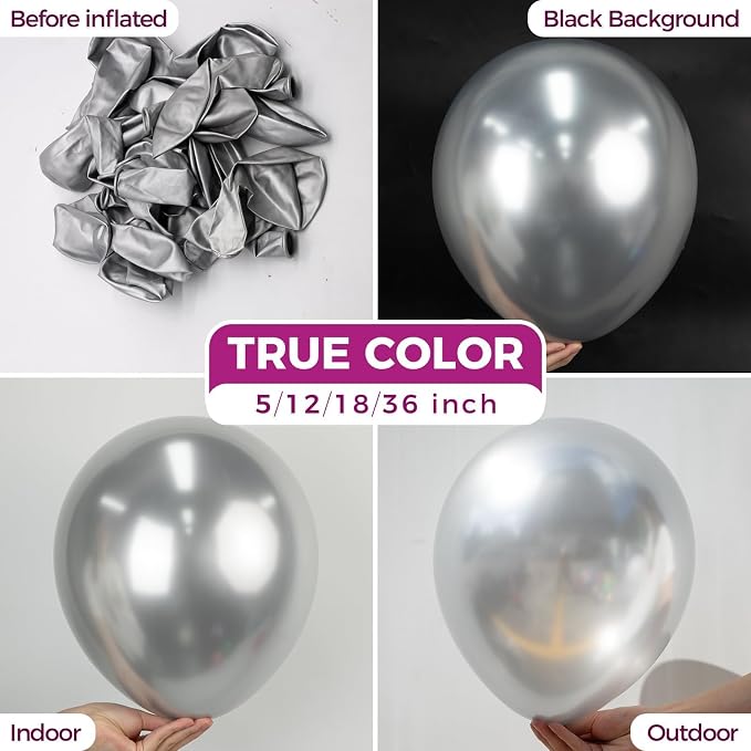 Bezente Metallic Silver Giant Latex Round Balloons 36 Inch 8 Pack | Chrome - Image 2