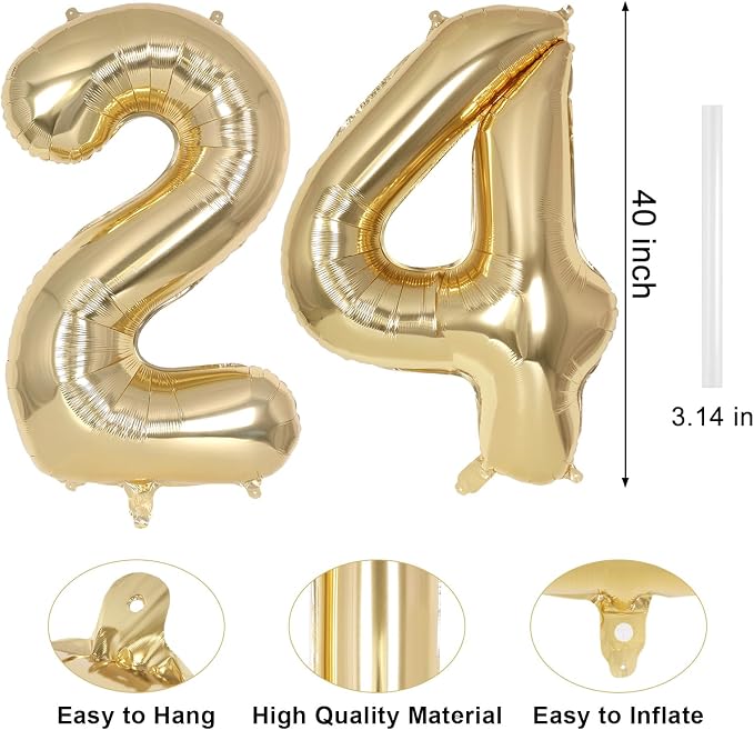Champagne Gold Large Number 24 Balloon, 40 Inch Light Gold Foil Helium Number - Image 2
