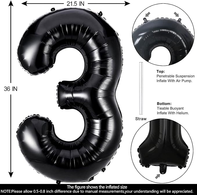 40 Inch Black Number 3 Balloons Helium Giant Black 3 Balloons - Image 2