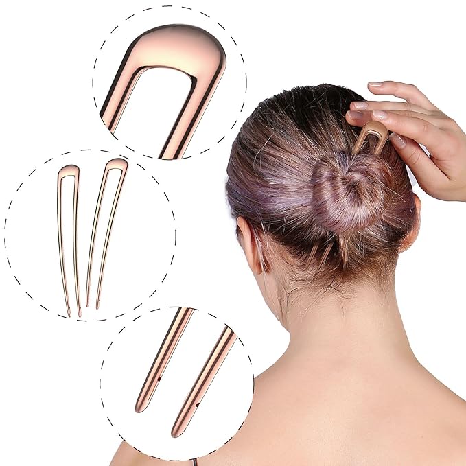 French Hair Pins - Metal Hair Fork Extra Long U Shaped Chignon 2-Prong Sticks for Women Bun Hair Accessories (Rose Gold - 2 Pcs)