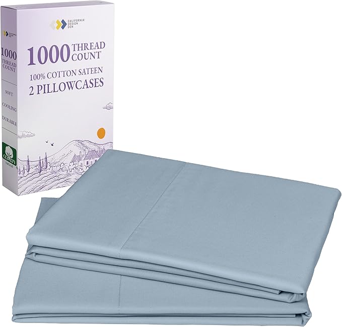 California Design Den Pillow Cases Standard Size Set of 2-1000 Thread Count Sateen, Soft and Thick 100% Cotton Standard/Queen Pillowcases, Durable - Blue