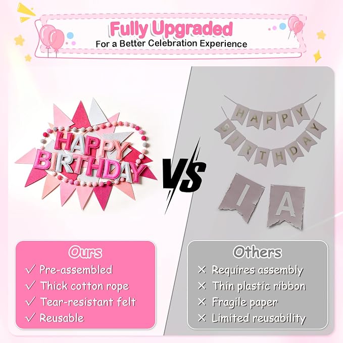 3D Happy Birthday Banner, Pre-Strung Felt Party Decorations | Ready-to-Hang 3D - Image 3