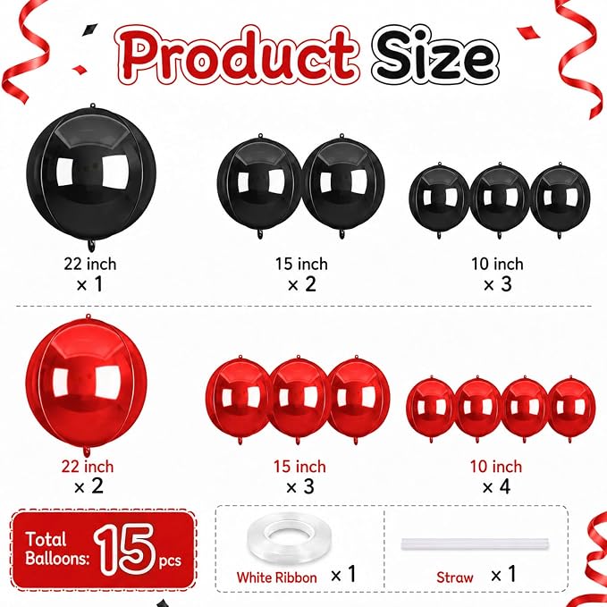 15 Pcs Black and Red Round Foil Balloons, 22/15/10 Inch 4D Ball Balloons Black - Image 2