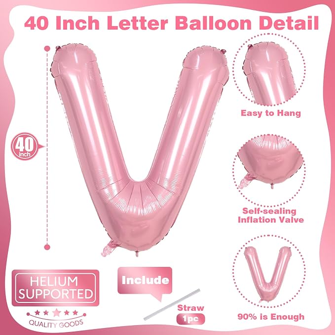 40 Inch Pastel Pink Letter Balloon, Giant Custom Alphabet V Foil Balloon Baby - Image 2