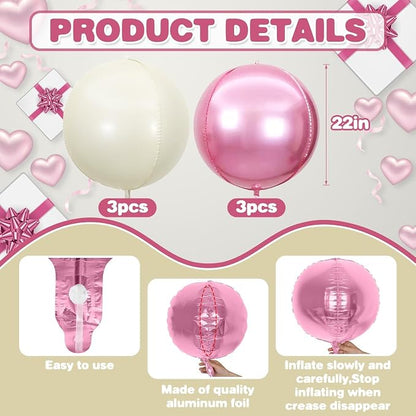 6Pcs Pink Cream White Round Foil Balloons, Giant 4D Round Ball Balloon - Image 2