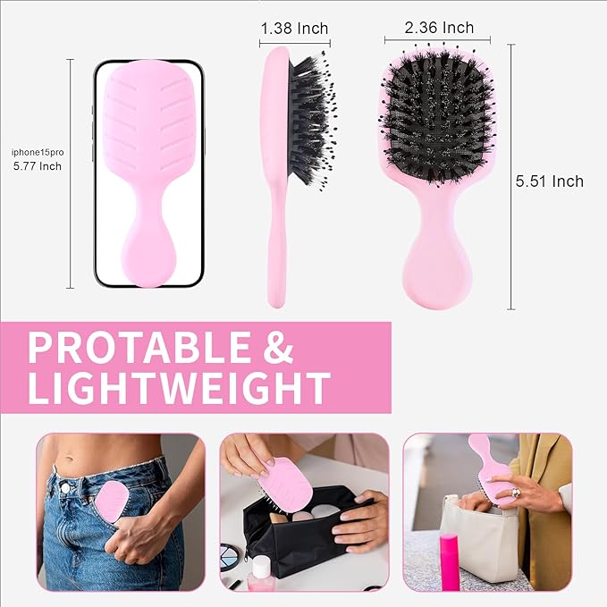 Mini Boar Bristles Hair Bursh, Travel Size Hair Brush for Women Men Kids, Protable Small Hair Brush for Pockets Purses, Mini Detangler Brush for Smooth Add Shine(Pink)