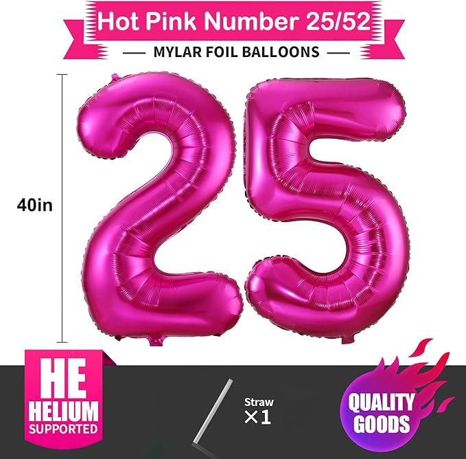 Hot Pink 25 Balloon Numbers, 40 Inch 25 or 52 Birthday Balloon Foil Mylar - Image 2