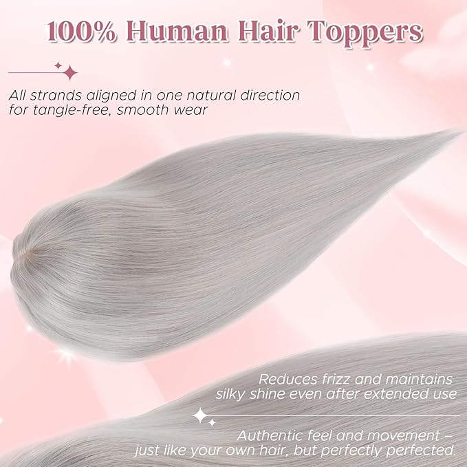 Real Human Hair Toppers for Women 3.54"*4.72" Silky Base 150% Density No Bangs Adjustable Parting Clip-In Topper Hairpieces for Women with Thinning Hair 12 Inches Silver Grey