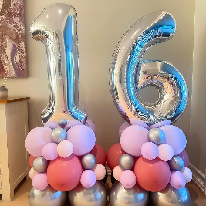 Silver 16th Birthday Balloons for Boys, 40 Inch Mylar Self Inflating 16 Balloon - Image 4