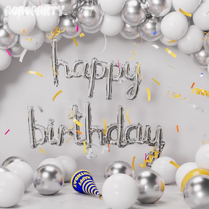 Silver Happy Birthday Balloons Banner 16 Inch Mylar Foil | Happy Birthday - Image 4