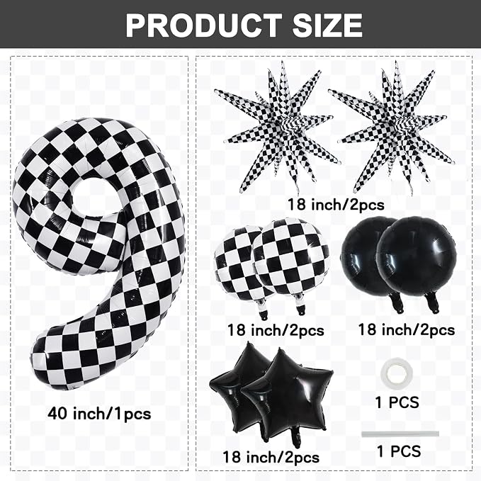 TONIFUL 9th Birthday Balloons Kit 40 Inch Checkered Number 9 Foil Balloon | - Image 2