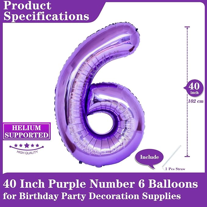 Purple Number 6 Balloons, 40 Inch Giant Number Balloons Foil Mylar Helium - Image 2