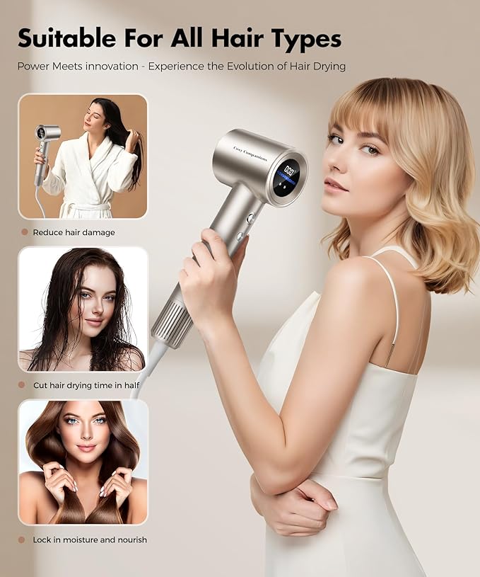 Cosy Companions Hair Dryer, 150000RPM High-Speed Hairdryer for Fast Drying, Low Noise, HD Display, 5 Temps & 2 Speeds, 500 Million Negative Ionic Blow Dryer, Gold