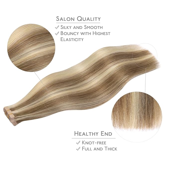 WENNALIFE Tape in Hair Extensions Human Hair, 20pcs 50g 24 inch Ash Brown with Platinum Blonde Highlights Remy Hair Extensions Straight Human Hair Tape in Extensions Skin Weft Tape Extensions