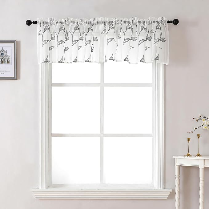 Sheer Kitchen Cafe Curtains Embroidered Leaf Pattern Grey 54x16 | Light by VISIONTEX