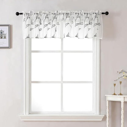 Sheer Kitchen Cafe Curtains Embroidered Leaf Pattern Grey 54x16 | Light by VISIONTEX