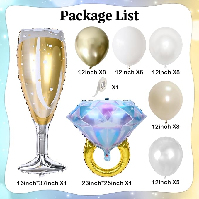 White Gold Balloons with 37inch Foil Diamond Ring Champagne Glass Balloons - Image 3
