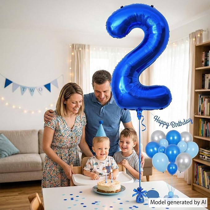 Navy Blue Number 2 Balloon 40 Inch, Shiny Metallic Foil Digit Party Supplies | - Image 6