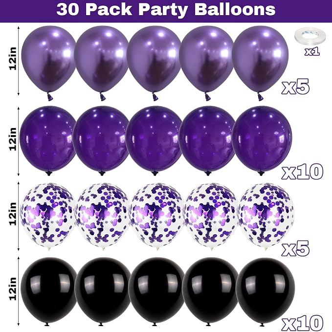 Purple and Black Balloons, 12 Inch Metallic Purple Black Party Balloons - Image 2