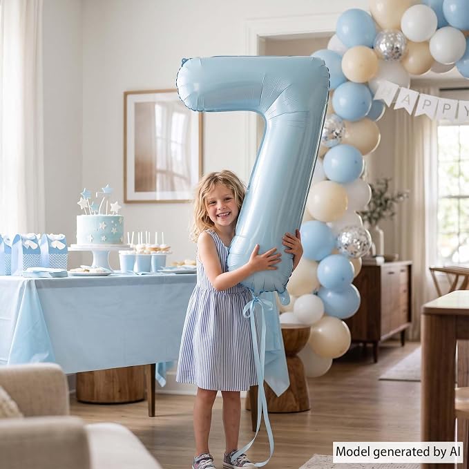 Baby Blue Number 7 Balloon 40 Inch, Foil Pastel Numeral Party Supplies | - Image 2