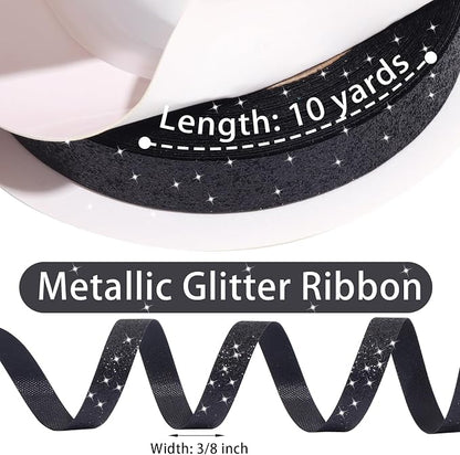 Black Metallic Glitter Ribbon for Gift Wrapping 3/8in x 10Yds | Cheer Sparkle - Image 3