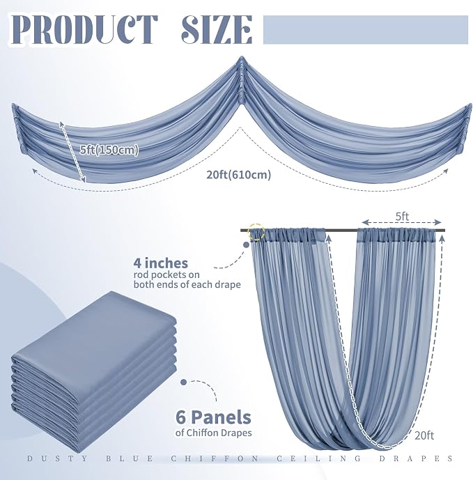 Showgeous 6 Panels Dusty Blue Ceiling Drapes, Polyester Fabric, Solid Pattern - Image 2