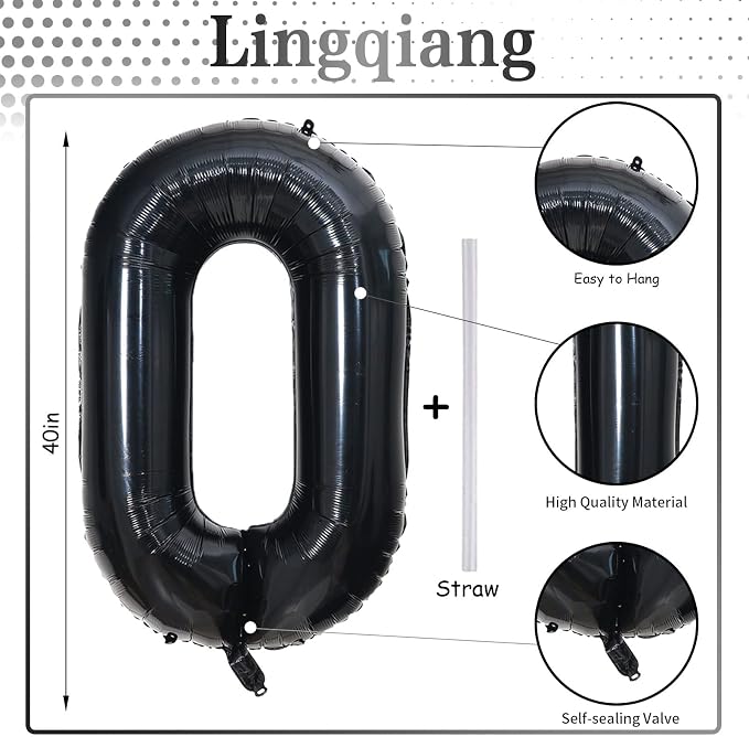 Black Number 0 Balloon for Girls Boys, 40 Inch Large Number 0-9 Foil Mylar - Image 2