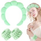 Zkptops Spa Headband for Washing Face Wristband Set Sponge Makeup Skincare Terry Cloth Bubble Soft Get Ready Hairband for Women Girl Puffy Padded Headwear Non Slip Thick Hair Accessory(Light Green)
