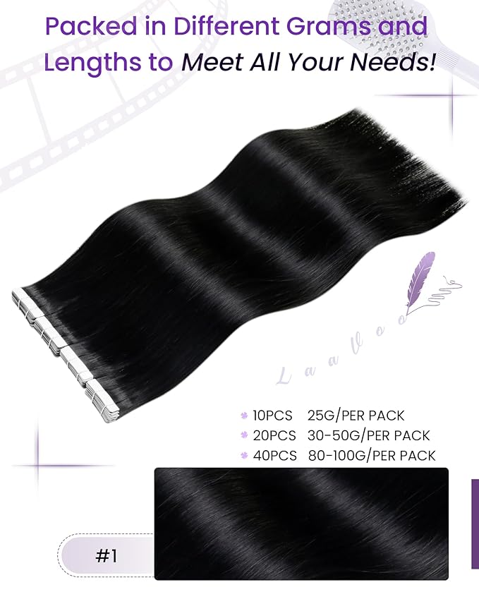 LaaVoo Tape in Hair Extensions Human Hair Tape in Extensions 18Inch Black Tape in Hair Extension Real Human Hair Jet Black 20pcs 50g