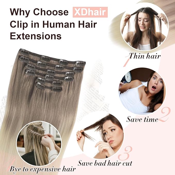 XDhair Clip in Hair Extensions Human Hair 100g 16 Inch Balayage Ash Brown to Platinum Blonde Clip in Hair Extensions 6pcs Straight Real Hair (16, #8T60)