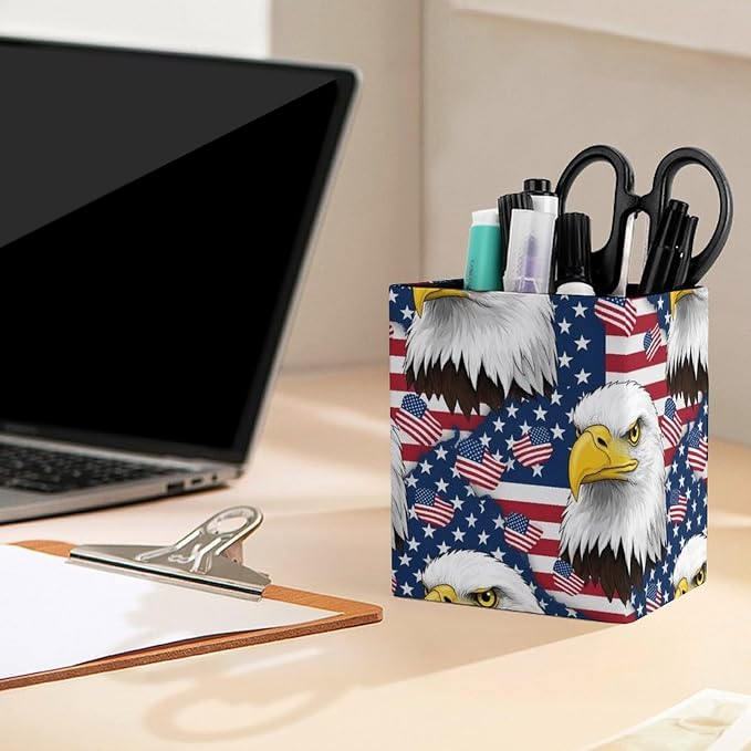 Pen Holder, PU Leather Pen Organizer American Flag And Bald Eagle - Image 5