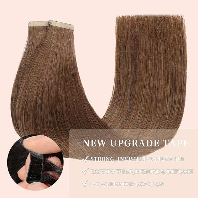 Tape in Hair Extensions 20pcs 16 Inches Tape Ins Hair Extensions Human Hair for White Women Invisible Seamless Tape Ins Skin Weft Medium Brown (6#)