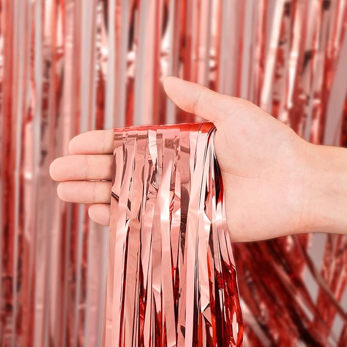 Voircoloria Rose Gold Foil Fringe Backdrop Curtains, 2 Pack | Tinsel Streamers - Image 2