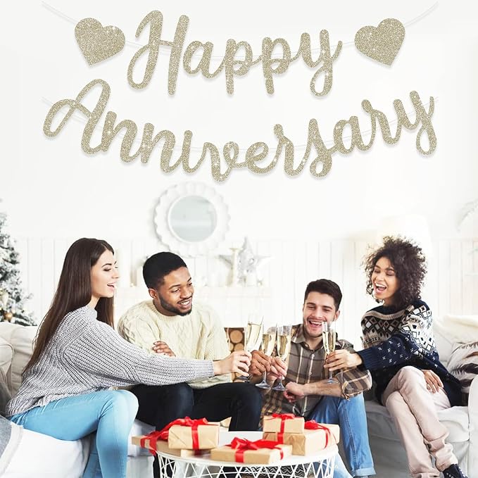 BEISHIDA Pre-Strung Champagne Happy Anniversary Banner Wedding Decor | Glitter - Image 6